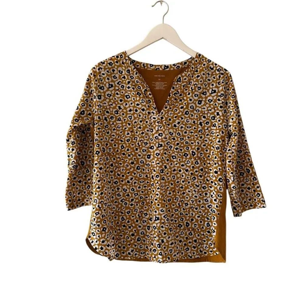 Van Heusen Mustard Floral V-Neck Mixed Media Print 3/4 Sleeves Office SZ M #2331